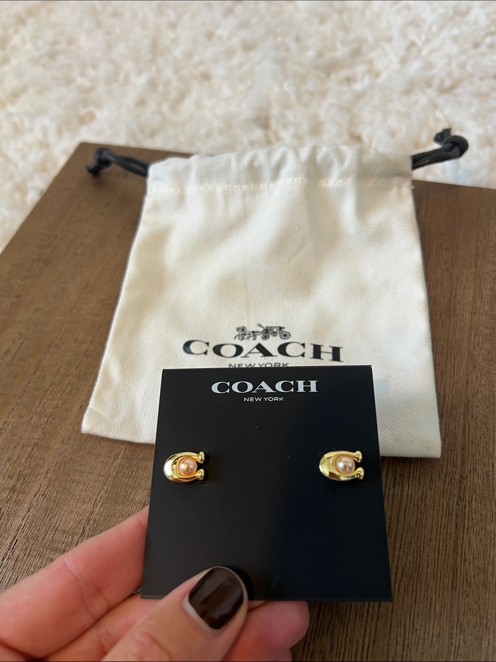 Coach Gold Pearl Accent Stud Earrings Brand New